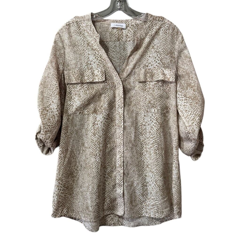 Calvin Klein Snakeskin Print Roll Sleeve Shirt Womens Size Large Button Down